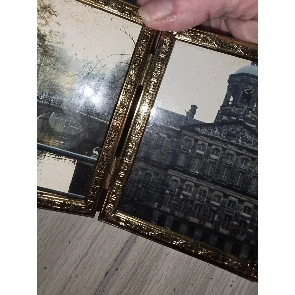 Vtg. MCM Bifold Metal Double Picture Frame Gold 3x4 Photos Egyptian Etched